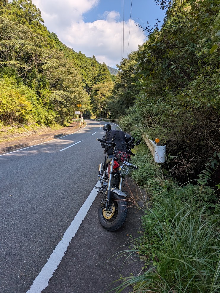 伊賀のあたりの山道。杉林に挟まれた道の路肩にDAX125が停めてある